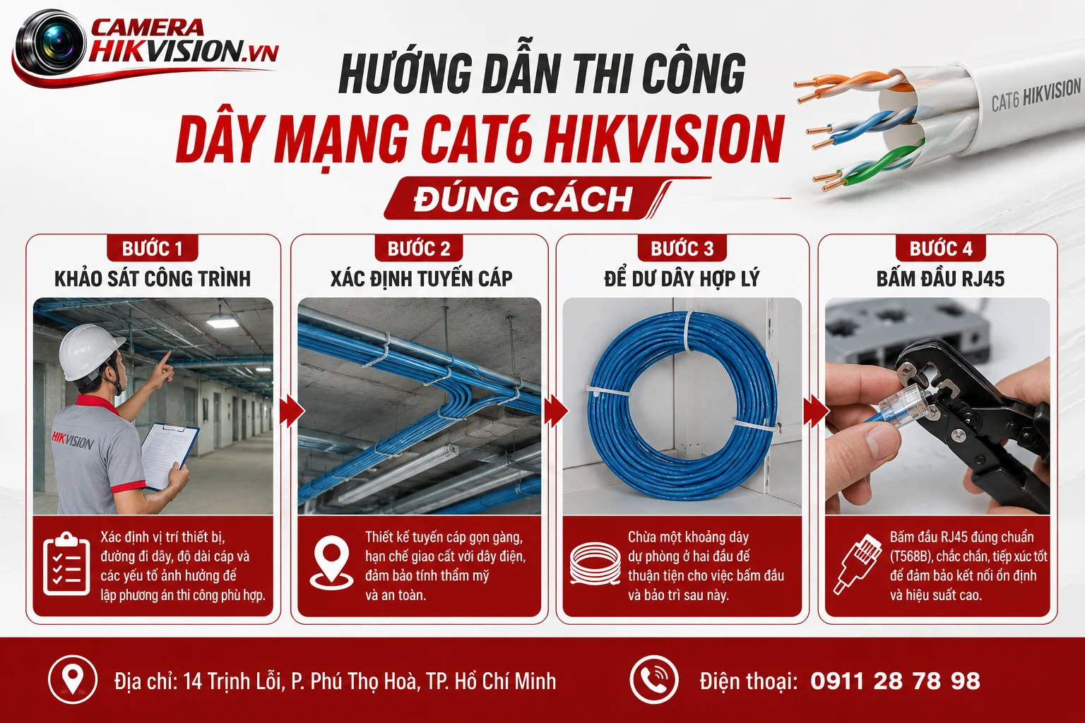 Hướng dẫn thi công Dây mạng Cat6 Hikvision đúng cách