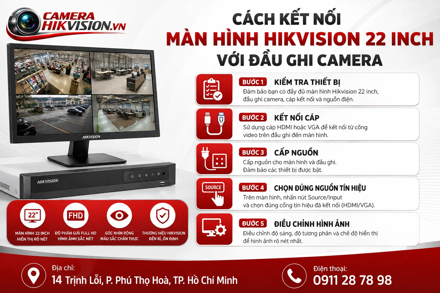 Cách kết nối màn hình Hikvision 22 inch với đầu ghi camera