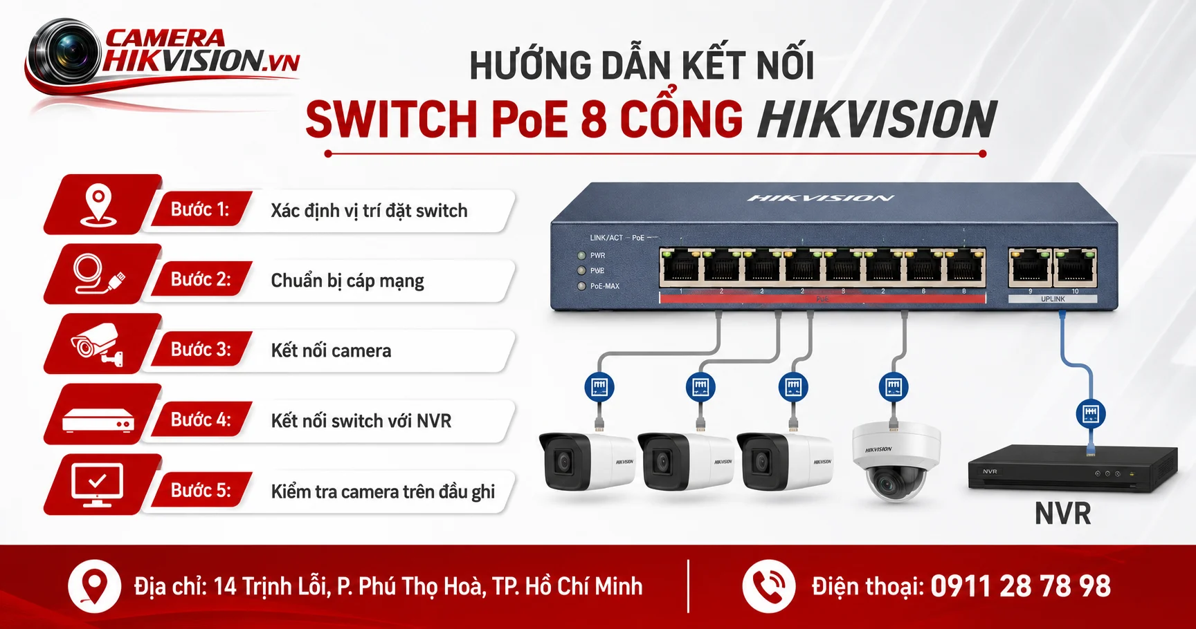 Hướng dẫn kết nối Switch PoE 8 cổng Hikvision