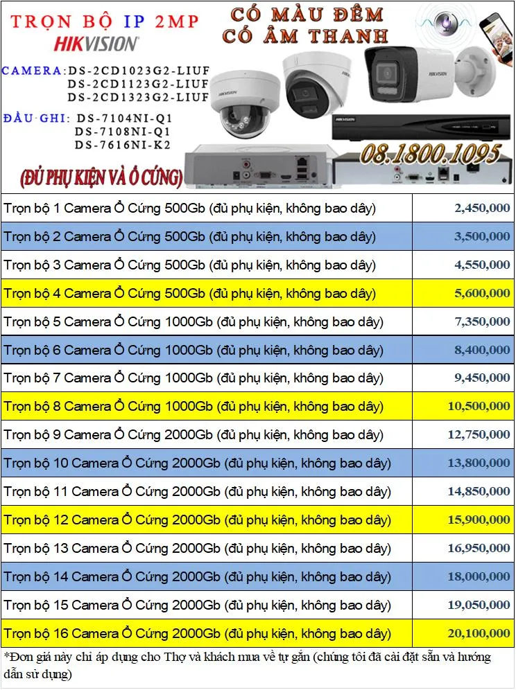 Giá trọn bộ camera IP có màu ban đêm Hikvision
