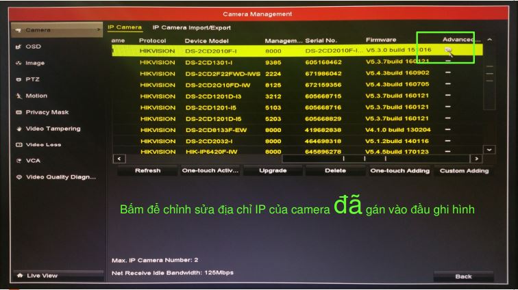 Đổi IP cho camera đã gán từ danh sách thiết bị trên NVR