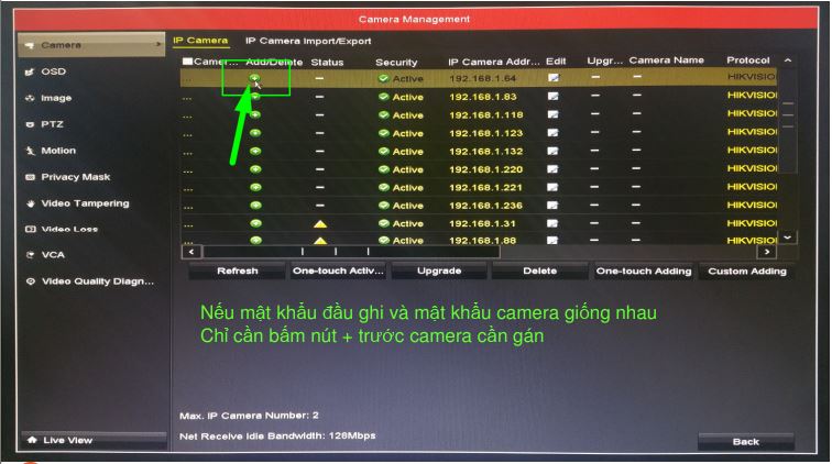 Thêm camera vào đầu ghi: nhập IP, cổng và tài khoản