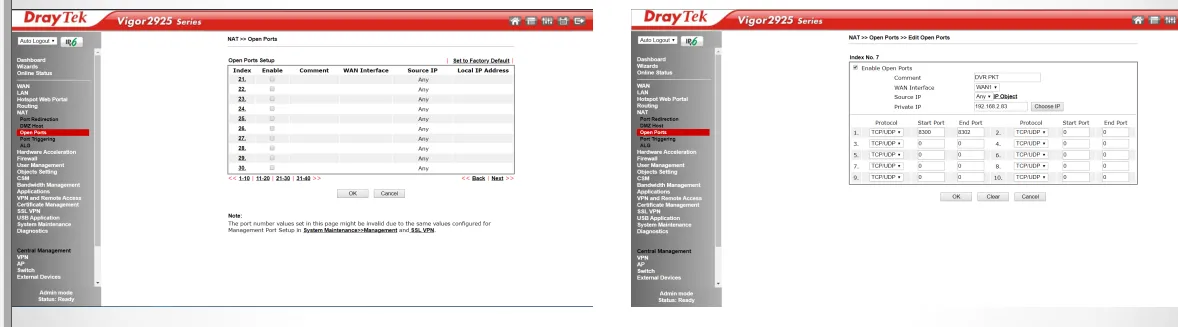 Giao diện Virtual Server/NAT trên modem với các rule đã tạo