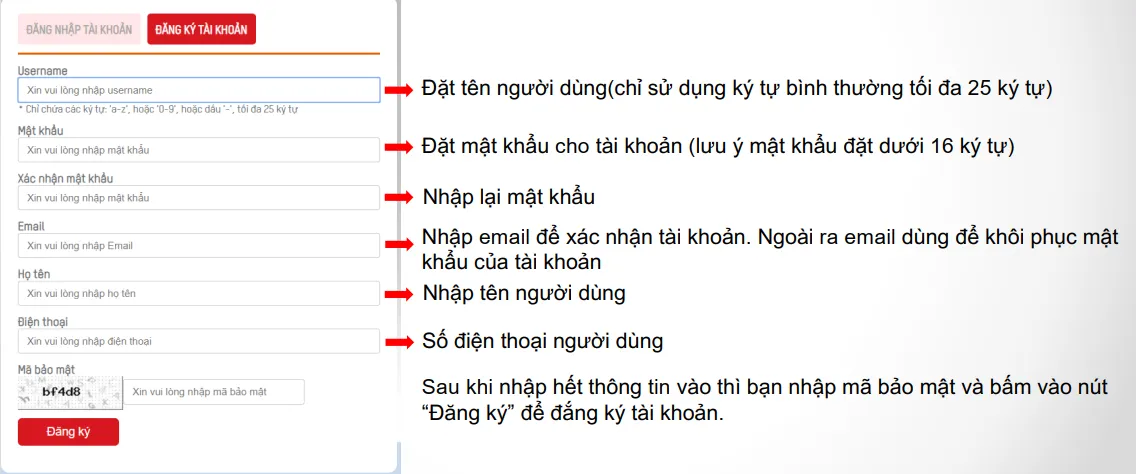 Trang điền thông tin đăng ký gồm tên đăng nhập, mật khẩu, email, số điện thoại