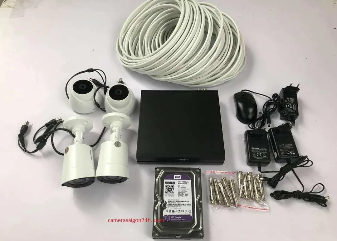 Sơ đồ hệ thống camera kho hàng Hikvision với NVR, camera IP, dây cáp và ổ cứng chuyên dụng