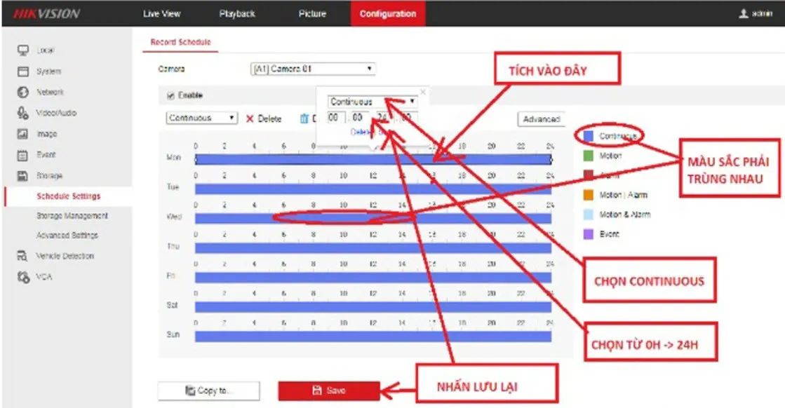 Đặt lịch ghi hình liên tục 24/7 cho các kênh trên NVR Hikvision