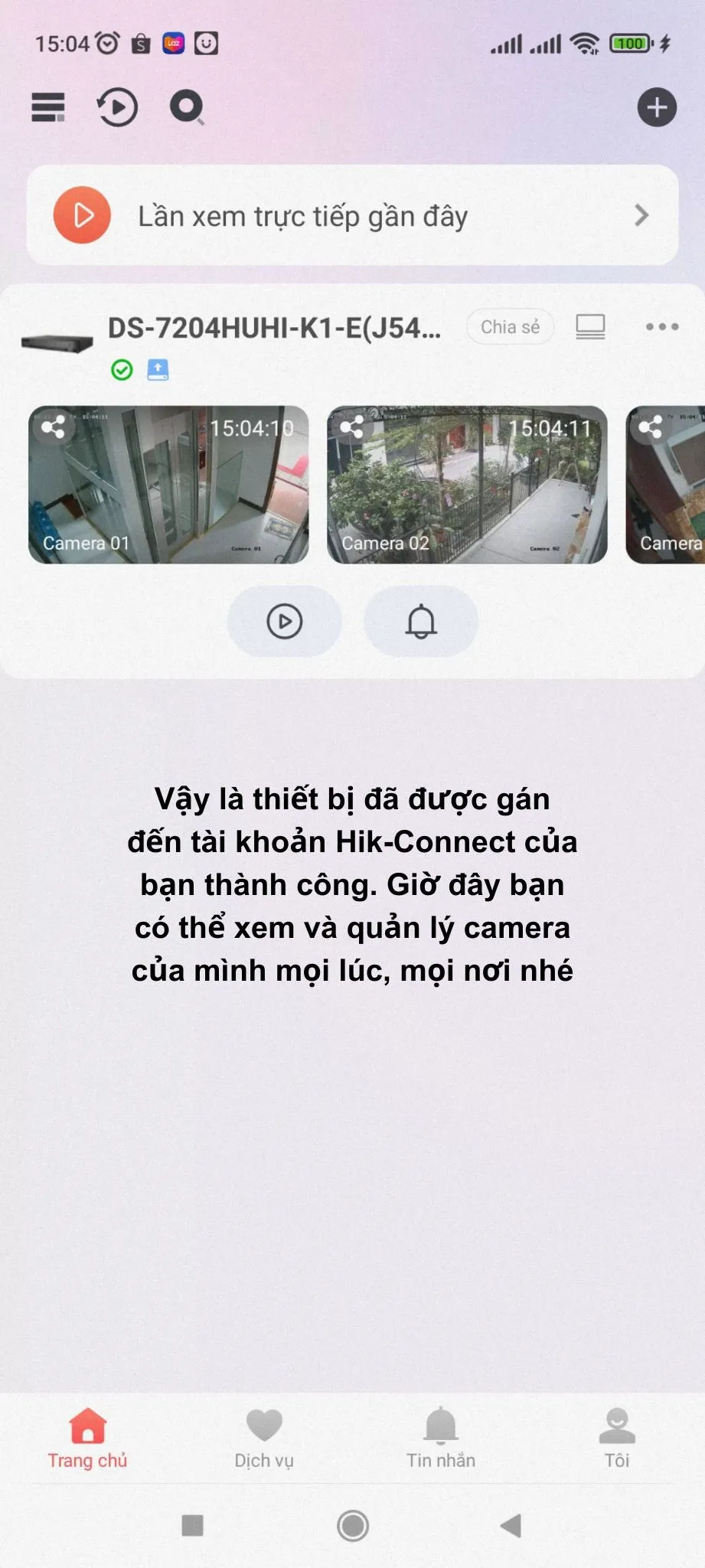 Giao diện xem trực tiếp camera trên Hik-Connect sau khi cài đặt