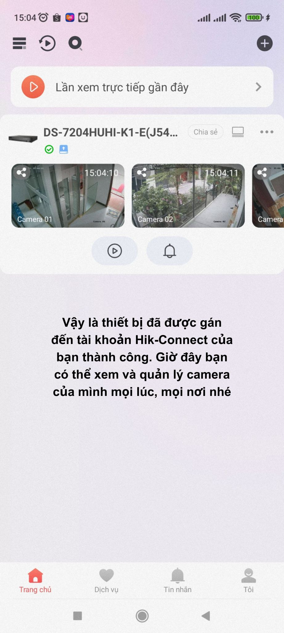 Hoàn tất liên kết thiết bị Hikvision với Hik-Connect – giao diện xem trực tiếp trên iPhone