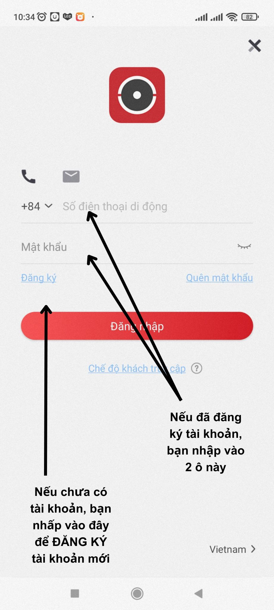 Màn hình đăng nhập/đăng ký Hik-Connect trên iPhone bằng email hoặc số điện thoại