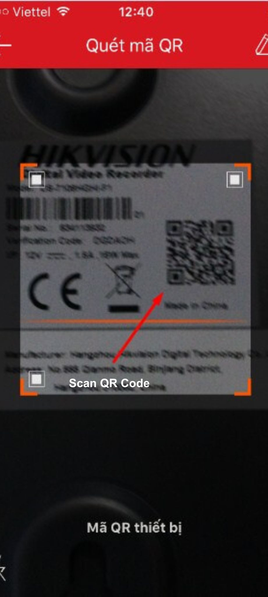 Quét mã QR trên tem thiết bị Hikvision để thêm vào Hik-Connect trên iPhone