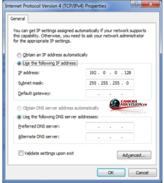 Cấu hình IP máy tính 192.0.0.128 phục vụ TFTP nâng cấp firmware Hikvision