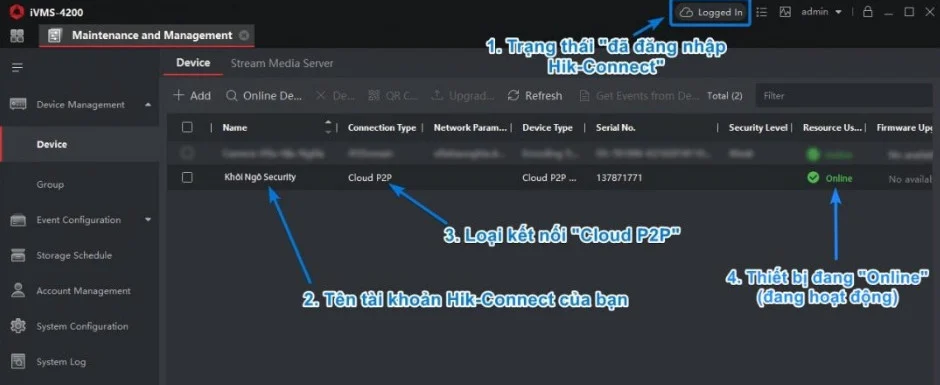 Danh sách đầu ghi/camera Hikvision trong Cloud P2P, trạng thái Online sẵn sàng Live view