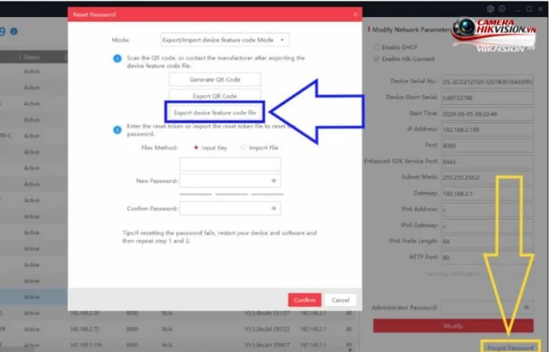 Giao diện SADP Tool với chức năng Forgot Password và Export file XML khôi phục mật khẩu Hikvision