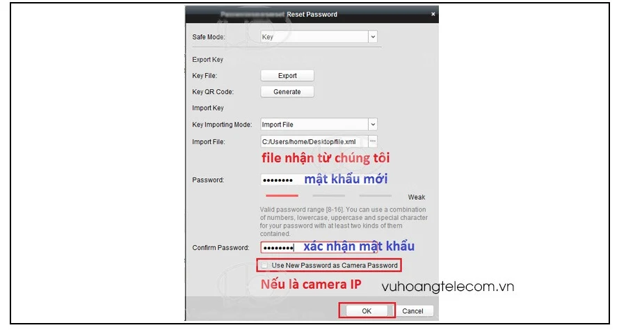 Import file khôi phục và xác nhận mật khẩu mới trong iVMS-4200 cho camera IP Hikvision