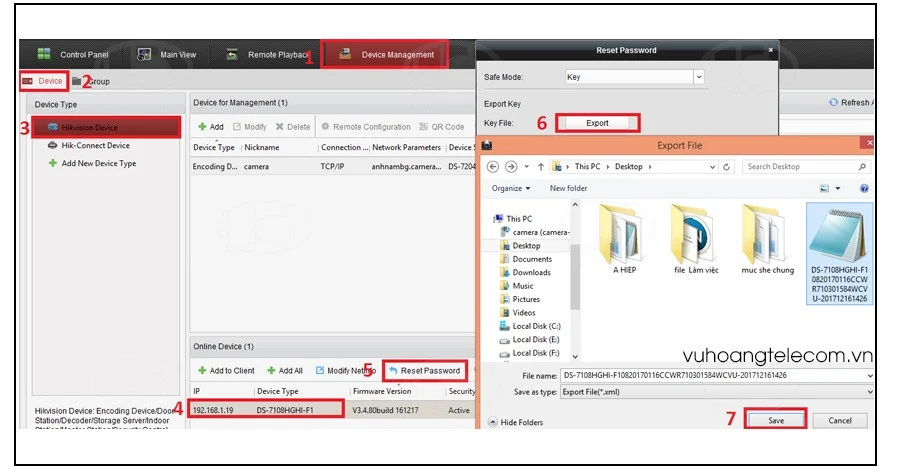 iVMS-4200 Device Management thao tác Export file XML khôi phục mật khẩu thiết bị Hikvision