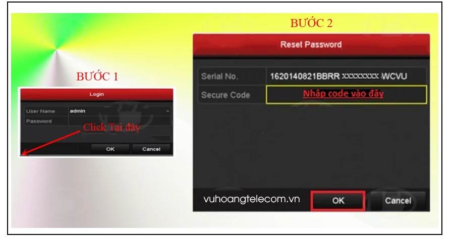 Màn hình kết nối đầu ghi Hikvision hiển thị Serial No phục vụ tạo Secure Code khôi phục mật khẩu