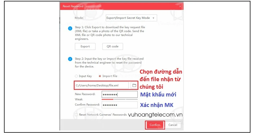 Nhập file reset và tạo mật khẩu mới cho camera IP Hikvision trong SADP Tool