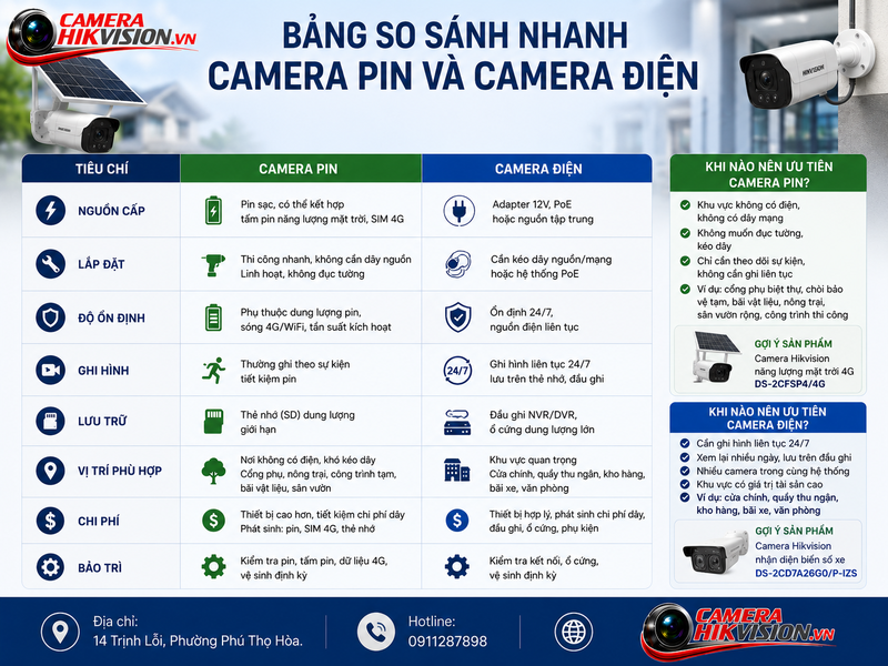 Bảng so sánh nhanh Camera pin và camera điện