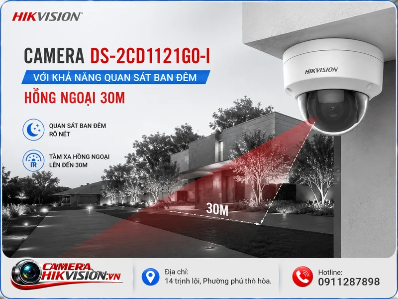 Camera DS-2CD1121G0-I với khả năng quan sát ban đêm hồng ngoại 30m