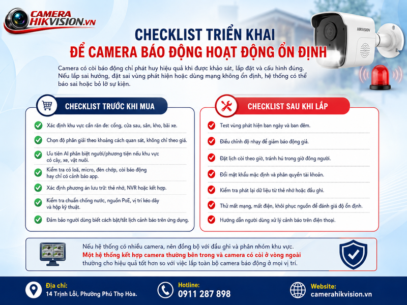 Checklist triển khai để camera báo động hoạt động ổn định