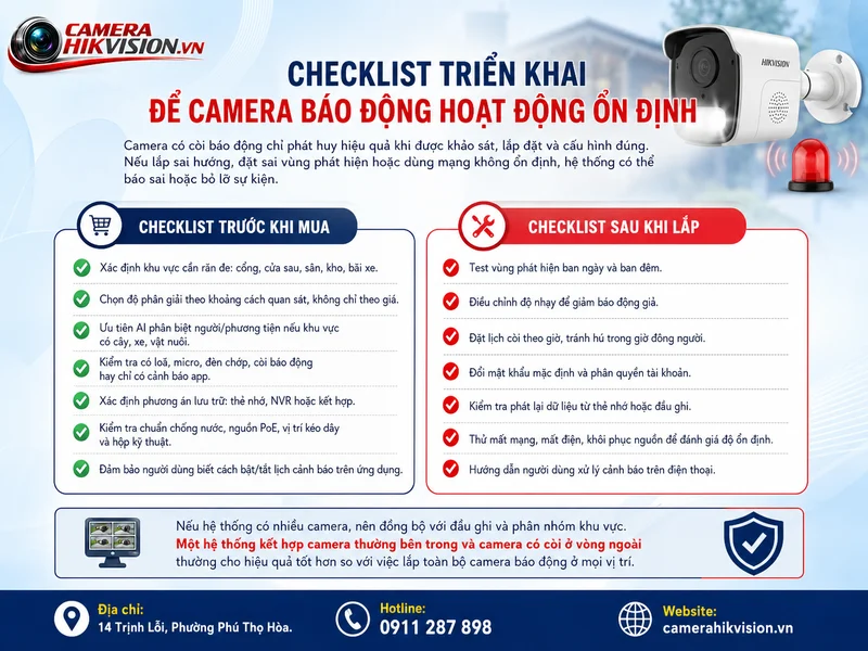 Checklist triển khai để camera báo động hoạt động ổn định