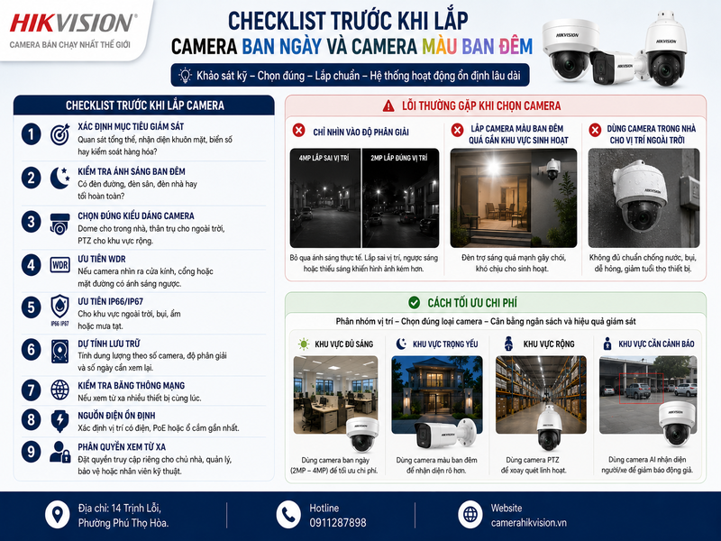 Checklist trước khi lắp camera ban ngày và camera màu ban đêm