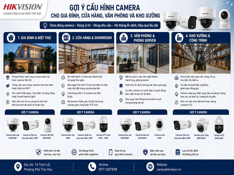 Gợi ý cấu hình camera cho gia đình, cửa hàng, văn phòng và kho xưởng
