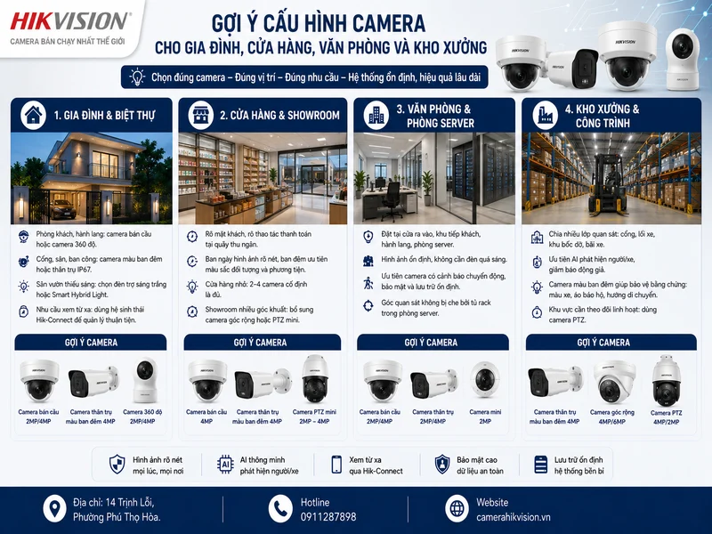 Gợi ý cấu hình camera cho gia đình, cửa hàng, văn phòng và kho xưởng