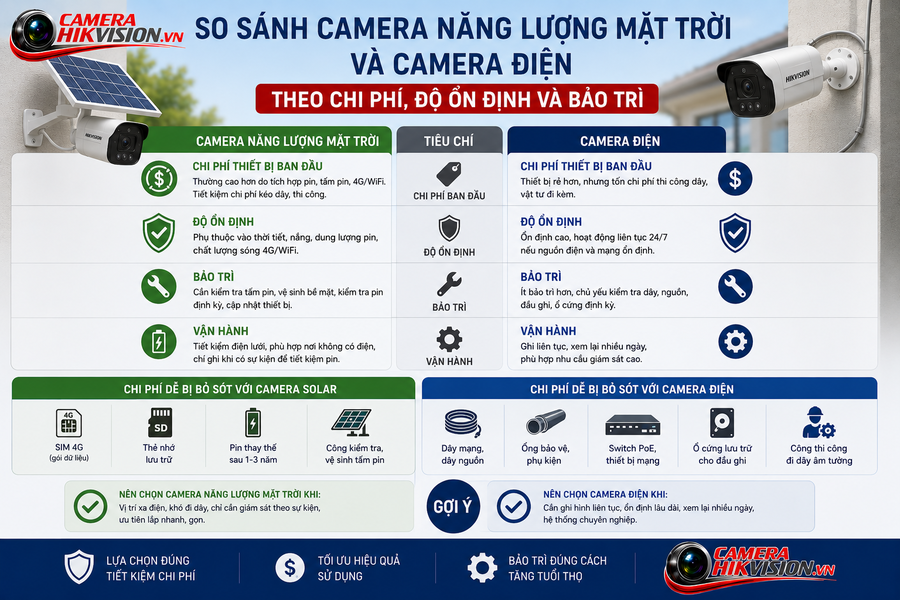 So sánh camera năng lượng mặt trời và camera điện theo chi phí, độ ổn định và bảo trì