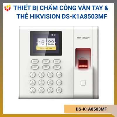 Thiết bị chấm công vân tay & thẻ Hikvision DS-K1A8503MFSử dụng trong nhàHỗ trợ Max.1000 vân tay, Max.1000 thẻ Mifare & 100.000 EventMàn hình 2.4-inch LCDHỗ trợ TCP/IP, ISAPI, ISUP