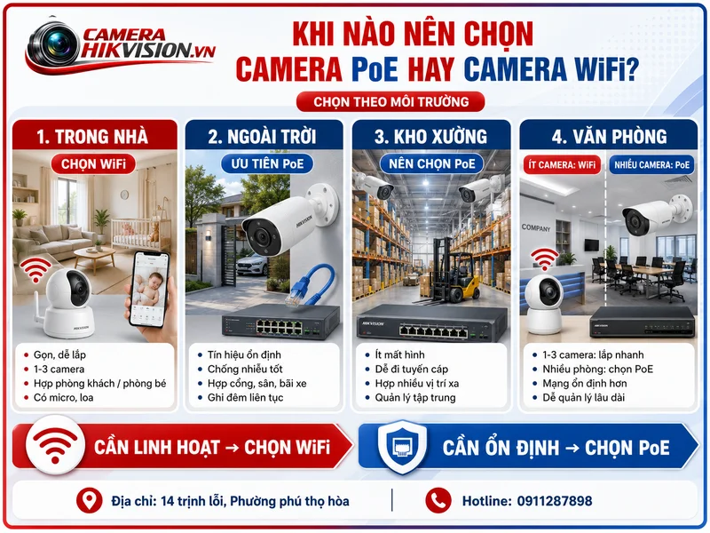 Khi nào nên chọn Camera PoE và camera WiFi theo môi trường sử dụng?