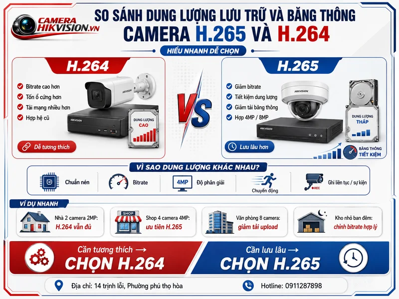 So sánh dung lượng lưu trữ và băng thông khi dùng Camera H.265 và H.264