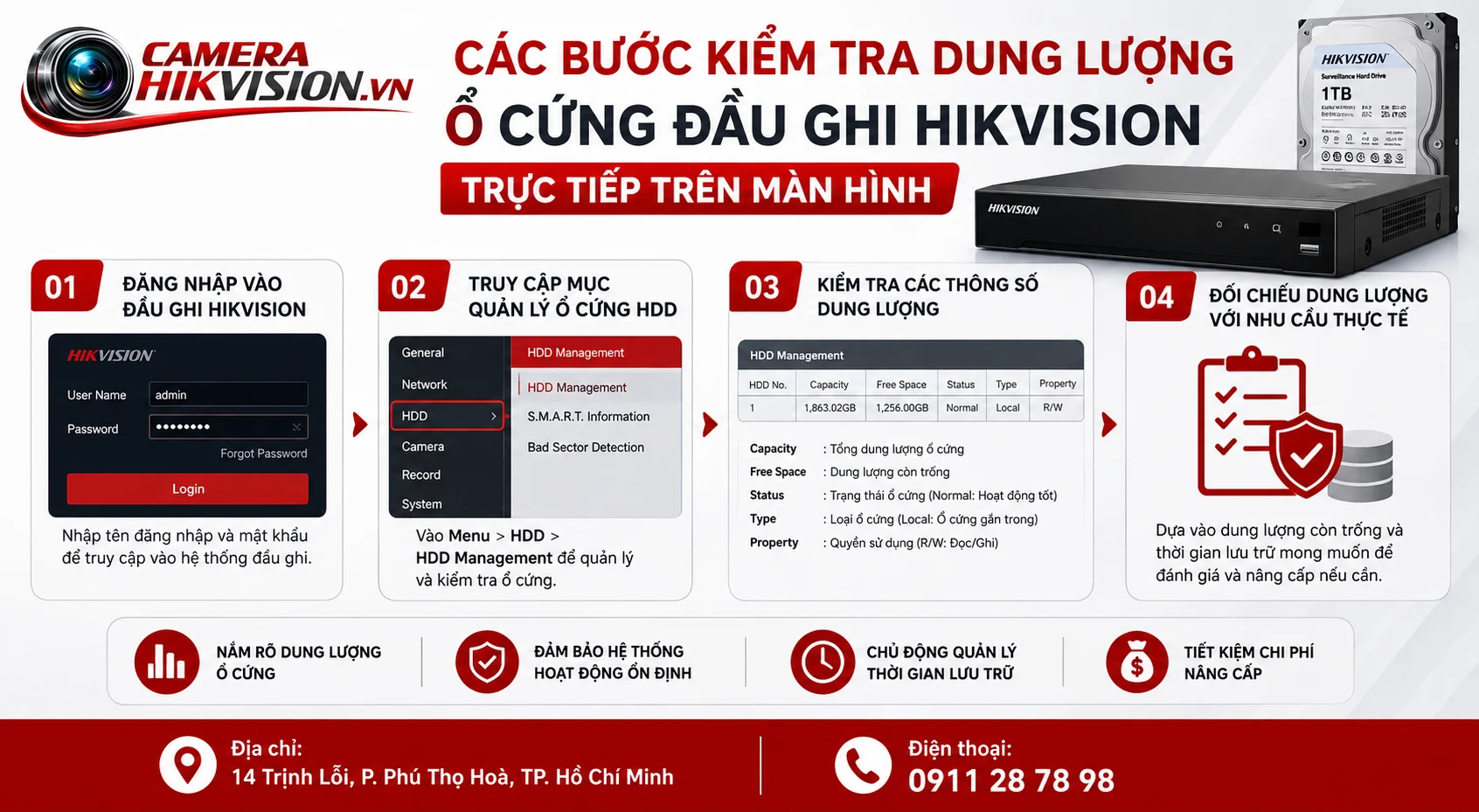 Các bước kiểm tra dung lượng ổ cứng đầu ghi Hikvision trực tiếp trên màn hình