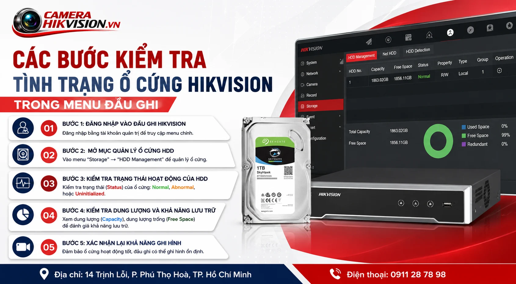 Các bước kiểm tra tình trạng ổ cứng Hikvision trong menu đầu ghi