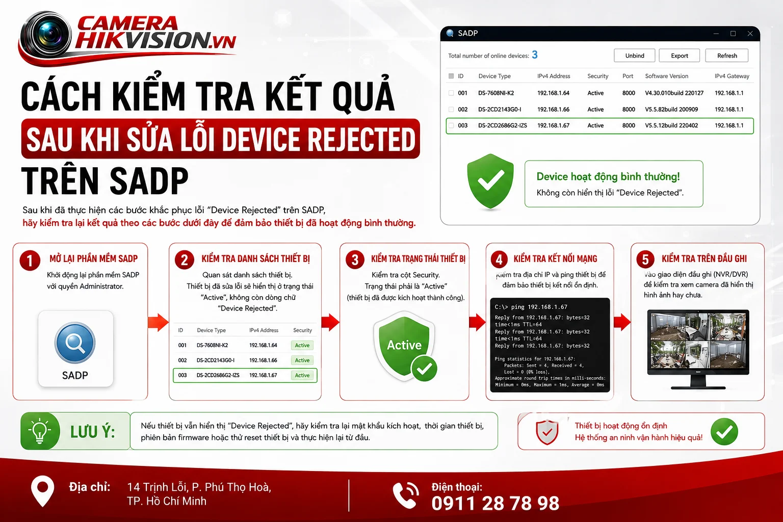 Cách kiểm tra kết quả sau khi sửa lỗi device rejected trên SADP