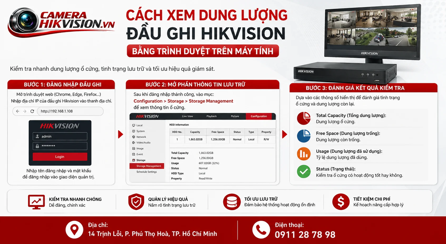 Cách xem dung lượng đầu ghi Hikvision bằng trình duyệt trên máy tính