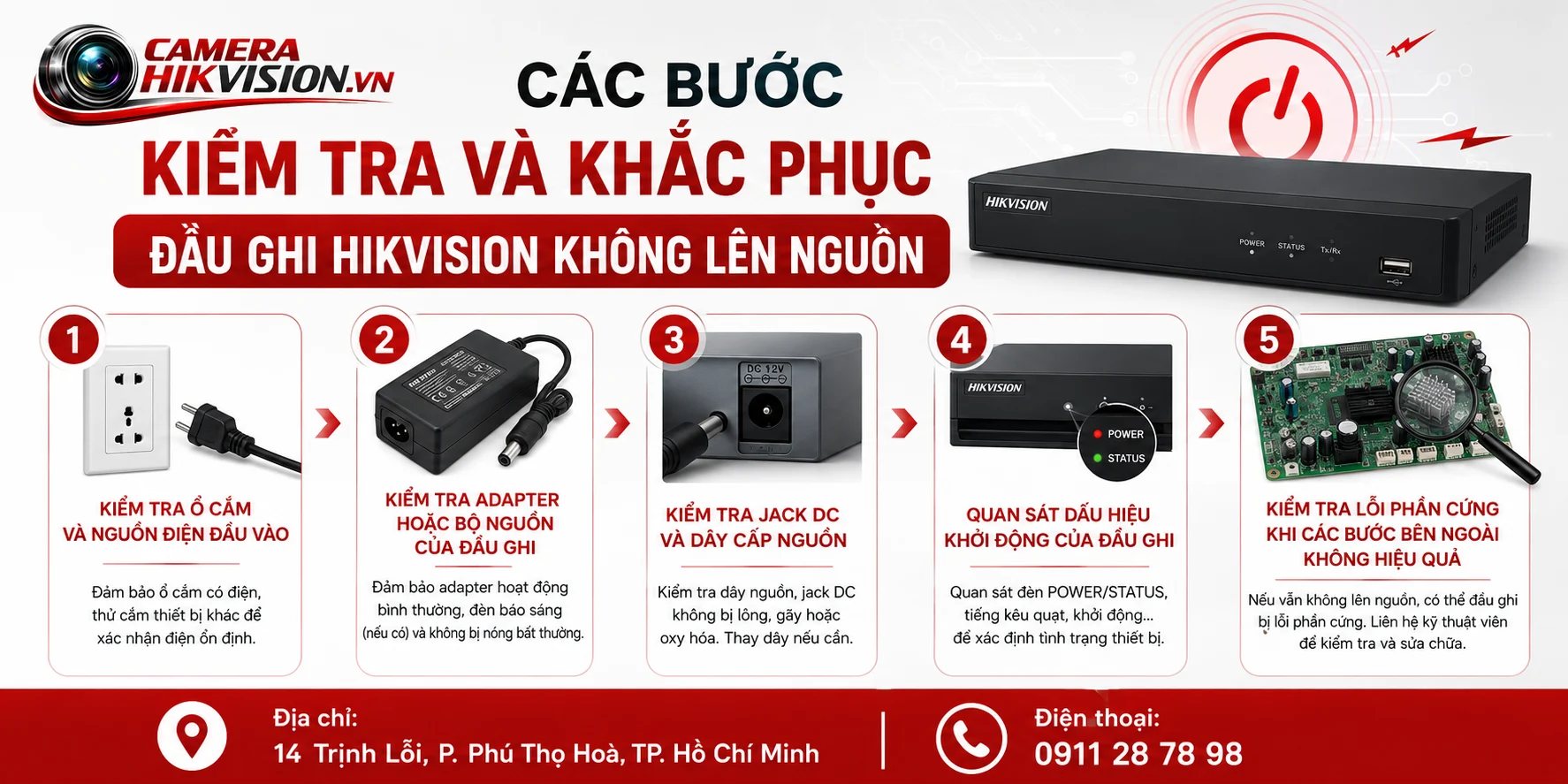 Các bước kiểm tra và khắc phục đầu ghi Hikvision không lên nguồn