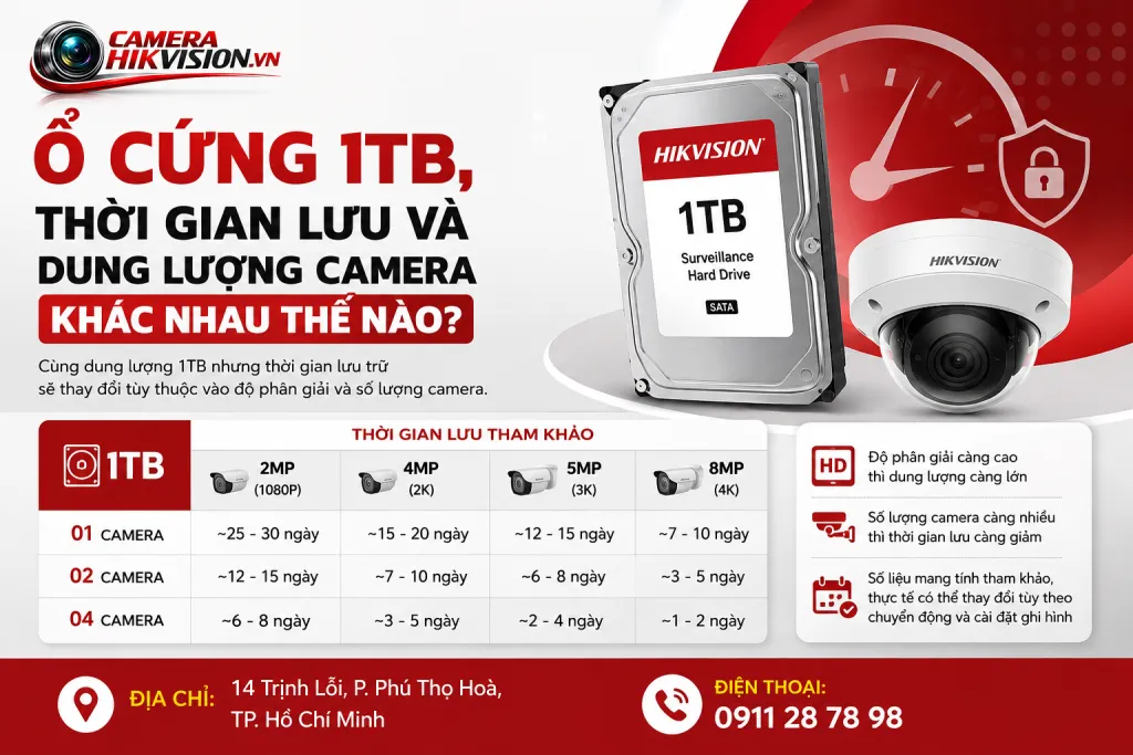 Ổ cứng 1TB, thời gian lưu và dung lượng camera khác nhau thế nào?